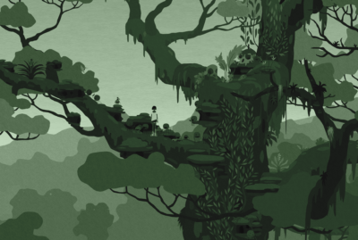 Screenshot of the game "Mutazione": a young woman stands on the branch of a giant tree